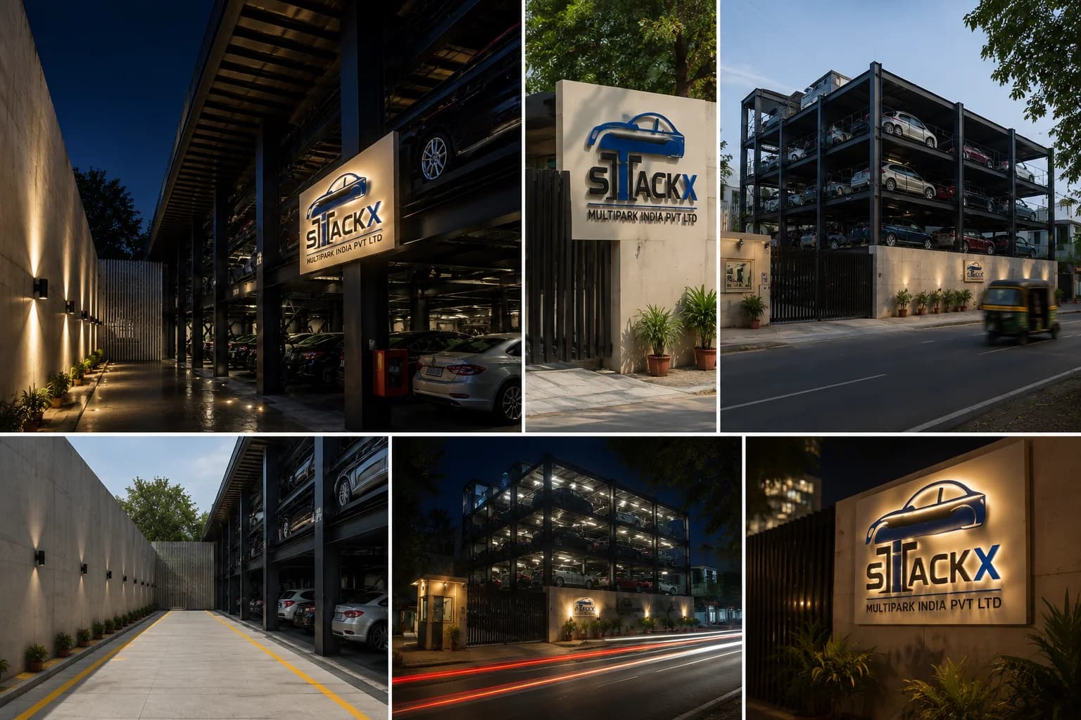 A collection of STACKX MULTIPARK mechanical parking installations in operation, including multi-level street-side structures and branded covered parking bays