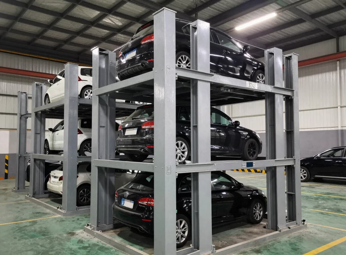 STACKX three-level stack parking system installed indoors with vehicles on every level