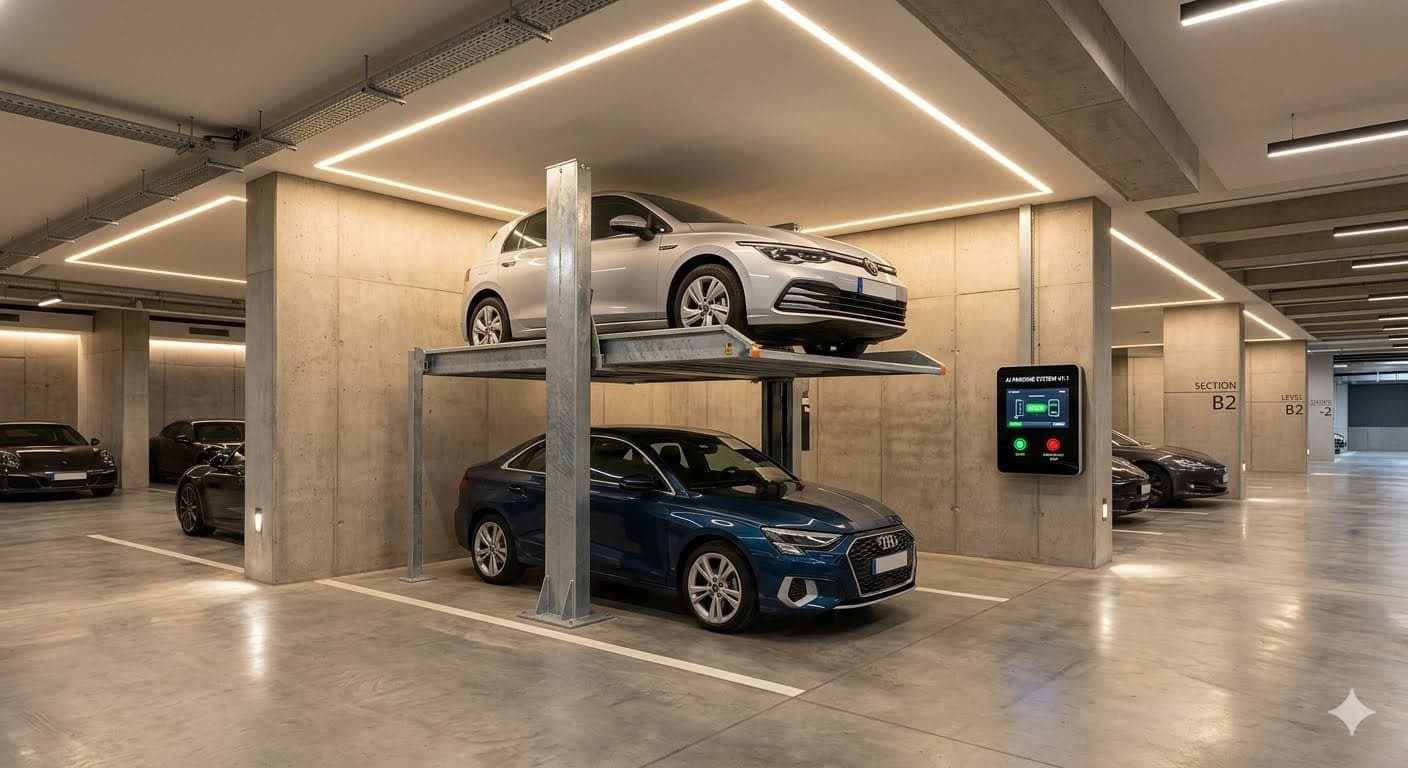 Two-post hydraulic lift parking a car above another vehicle indoors